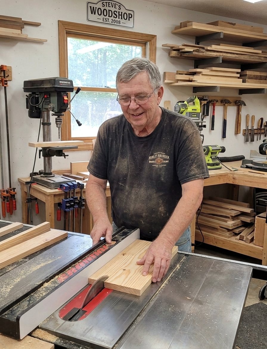 Steve Olesky feeding a board across the table saw in his shop, lumber racks and a hand-lettered Steve&rsquo;s Woodshop Est. 2008 sign behind him