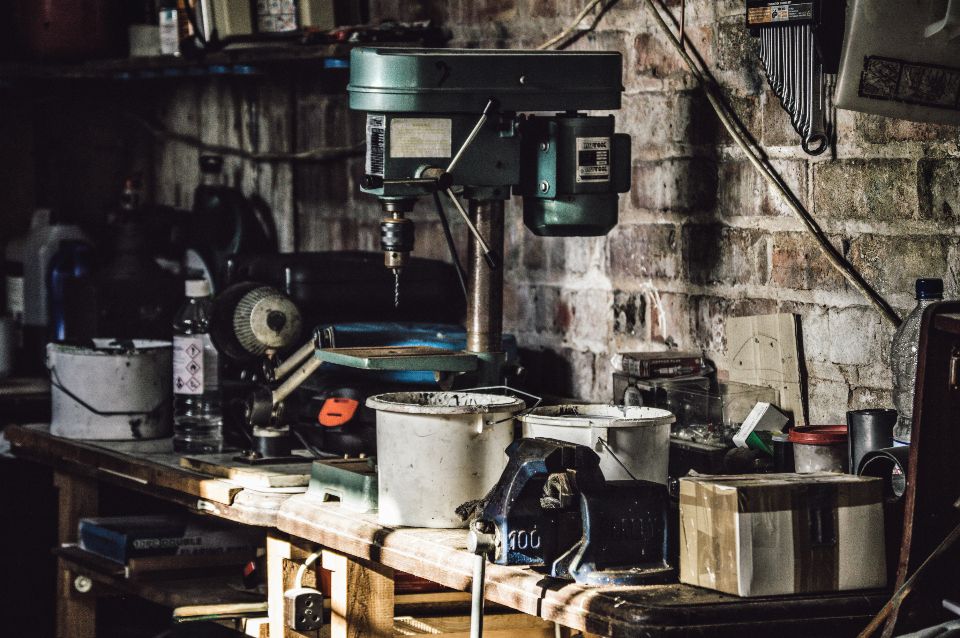 Workbench and machinery in a workshop